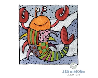 Lobster: SALE - original illustration - unique artwork - crustacean - colorful - cancer - sea - water - square - sea creature