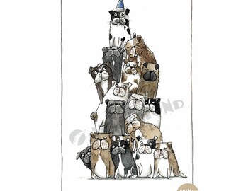 Bully-Pyramide: Original - Illustration - Unikat - Hund - Bully - Englische Bulldogge - Mops- Französische Bulldogge