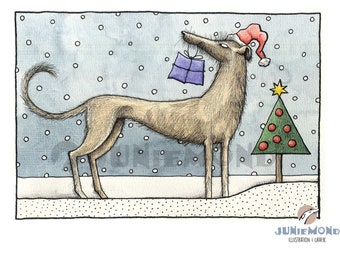 Irischer Weihnachtswolf: SALE - Original-Illustration - Unikat - Weihnachten  - Irischer Wolfshund - Windhund - Geschenk - Weihnachtsmütze