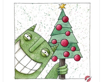 I Picked You a Christmas Tree: SALE - Original-Illustration - Unique Artwork - Christmas - Christmas tree - Monster - Christmas Greetings