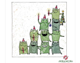 Monster-Advent: SALE - Original-Illustration - Unikat - Weihnachten - Advent - Kerzen - Weihnachtsbaum - Monster - Weihnachtsmütze