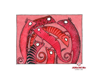 Red Chameleons: SALE - Gerahmte Original-Illustration - Unikat - Chamäleon - Leguan - Rot