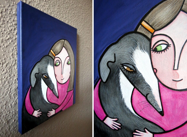 Take Your Time And Hug Your Dog: SALE Original Unikat Acryl auf Leinwand Freundschaft Kind & Hund Whippet Windhund Galgo Bild 4