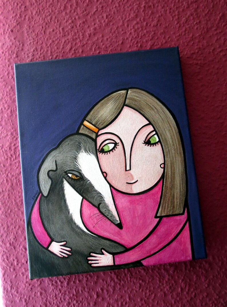 Take Your Time And Hug Your Dog: SALE Original Unikat Acryl auf Leinwand Freundschaft Kind & Hund Whippet Windhund Galgo Bild 3