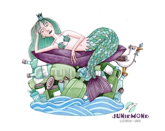 1 Sleeping Beauty: Princess on Rubbish - Original-Illustration - Unikat - Prinzessin auf der Erbse - Märchen - Meerjungfrau - Mermaid - Möwe