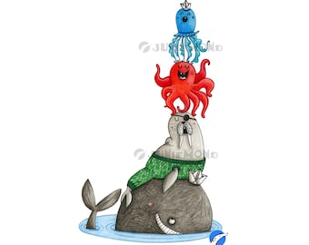 Sea Dweller: Original Illustration - Unique Artwork - Whale - Octopus - Sea Lion - Bremen Town Musicians - Paper Boat - Jellyfish