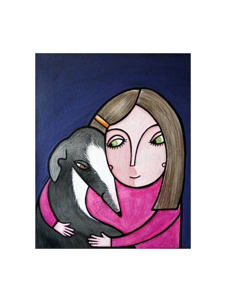 Take Your Time And Hug Your Dog: SALE Original Unikat Acryl auf Leinwand Freundschaft Kind & Hund Whippet Windhund Galgo Bild 1