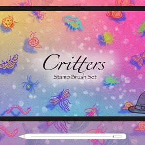 May include: A digital illustration of a tablet screen with a colorful background and various insect and animal illustrations. The text "Critters Stamp Brush Set" is displayed on the screen.