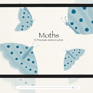 May include: A digital illustration of a set of 15 Procreate stamp brushes featuring blue moths with white and black accents. The text "Moths" and "15 Procreate stamp brushes" is displayed on a white background.