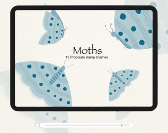 May include: A digital illustration of a set of 15 Procreate stamp brushes featuring blue moths with white and black accents. The text "Moths" and "15 Procreate stamp brushes" is displayed on a white background.