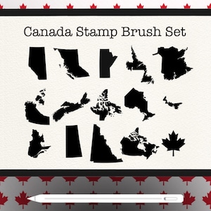 May include: A digital illustration of a Canada Stamp Brush Set. The set includes black silhouettes of Canadian provinces and territories, along with a maple leaf. The text "Canada Stamp Brush Set" is displayed at the top. A white stylus is at the bottom.