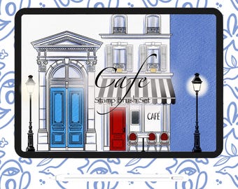 May include: A digital illustration of a Parisian cafe with a blue door, red door, and a striped awning. The text "Cafe" is written in cursive above the awning. The text "Stamp Brush Set" is written below the awning. The text "CAFE" is written on the cafe window.