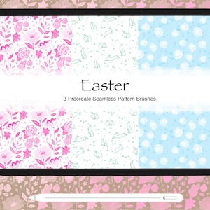 May include: A digital illustration of three Procreate seamless pattern brushes for Easter. The patterns include pink flowers, green bunnies, and blue eggs.