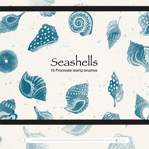 May include: A digital illustration of 15 watercolor seashells on a white background. The illustration is displayed on a tablet screen. The text "Seashells" and "15 Procreate stamp brushes" is displayed on the screen.