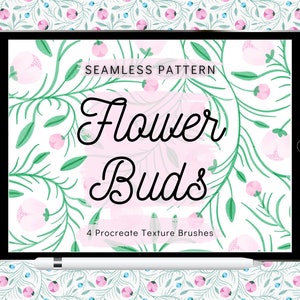 Puede incluir: Una ilustración digital de un patrón sin costuras con capullos de flores rosas y hojas verdes sobre un fondo blanco. El texto "Seamless Pattern Flower Buds 4 Procreate Texture Brushes" se muestra en la pantalla.