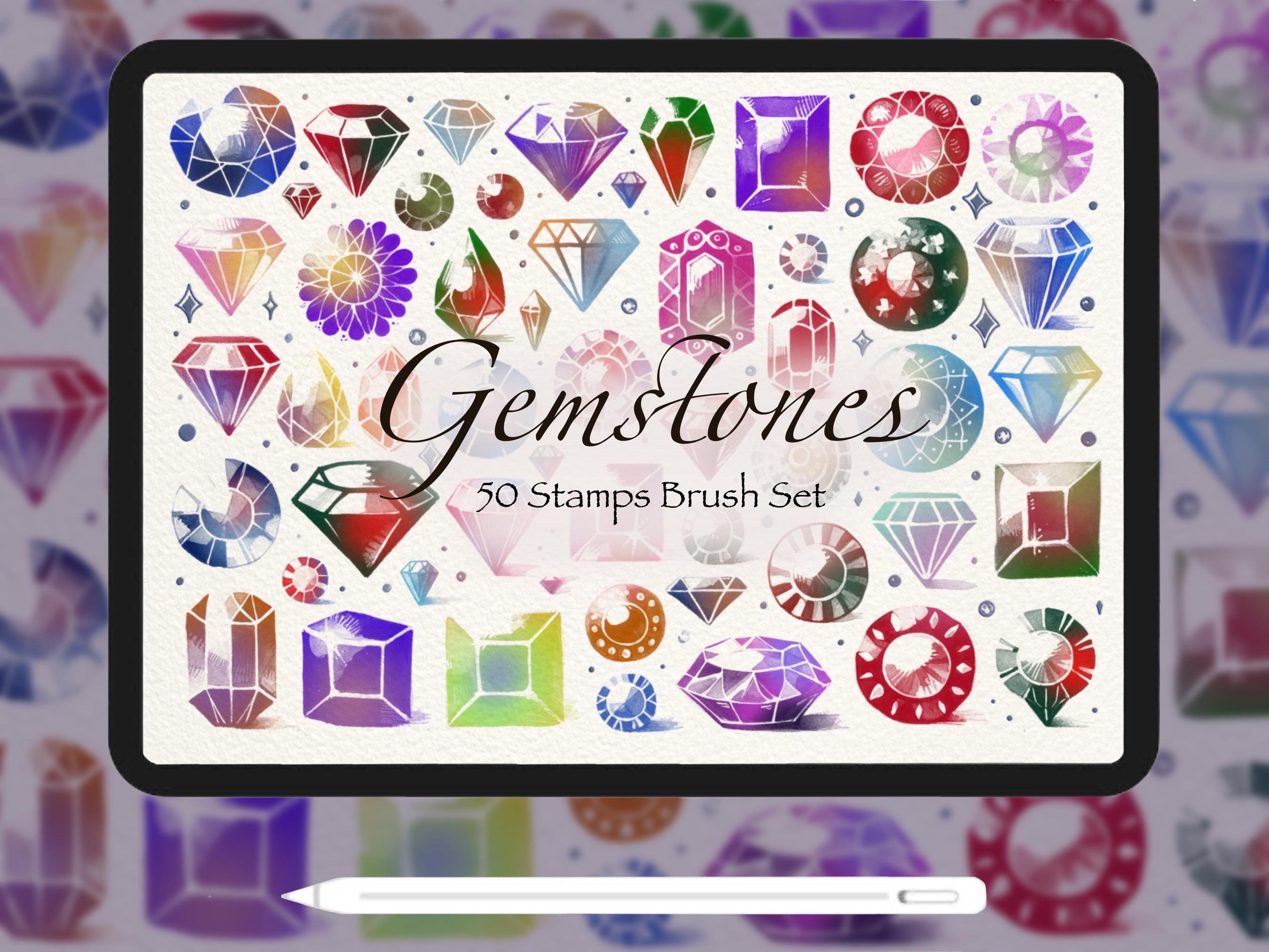 Pinceles sello de gemas para Procreate – 50 joyas facetadas en acuarela para arte digital y diseño de joyería