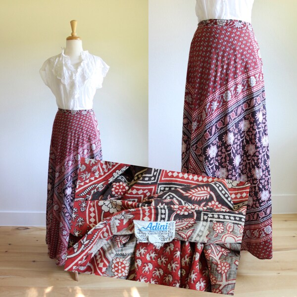Vintage 1970s Rare ADINI Indian Cotton Block Print Wrap Skirt