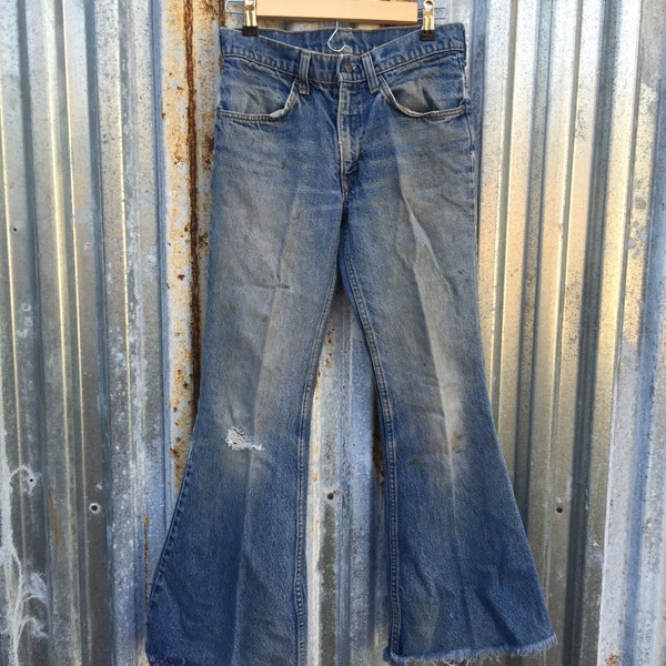Killer 1970s Super Distressed Lived In ORANGE TAB Levis Bell Bottom Jeans 27x28
