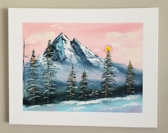 Winter Sunset - Bob Ross Inspired - Hand painted - Winterscape