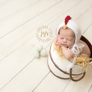 Puede incluir: Un bebé recién nacido con un gorro de pollo de crochet blanco con cresta roja y pico amarillo, durmiendo en un cubo blanco forrado de piel marrón. Tres huevos azul claro están en el suelo de madera blanca.