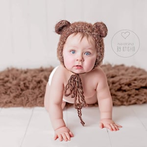 PDF Crochet Pattern Fuzzy Bear Bonnet Hat, Newborn, 6-12 Months