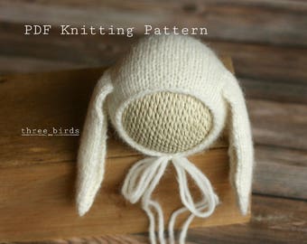 PDF Newborn Knit Bunny Bonnet Hat, Newborn, Knitting Pattern