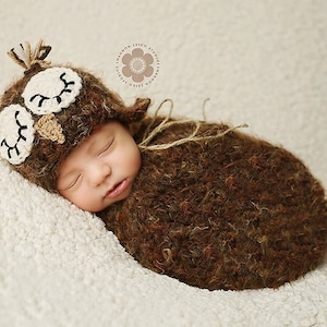 PDF Crochet Pattern Sleepy Owl Hat and Swaddle Sack Cocoon Pattern, Newborn