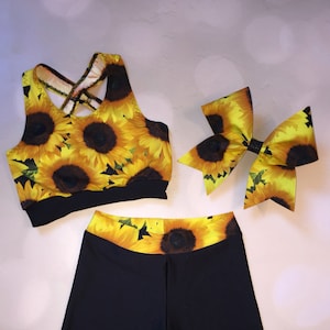 The &quot;Sweet Sunflower&quot; Crop Top sports bra, Spandex Shorts, and optional matching Cheer Bow / cheer set / gymnastics shorts / dancewear