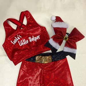 The &quot;Santa&#39;s Little Helper&quot; Sports Bra crop, Shorts, and optional Santa Hat Giant Cheer Bow matching cheer set girls dancewear Christmas
