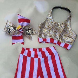 The &quot;Box of Popcorn&quot; Crop Top sports bra, spandex shorts, and optional Matching Cheer Bow / Movie Popcorn / girls dance wear / costume