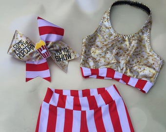 The &quot;Box of Popcorn&quot; Crop Top sports bra, spandex shorts, and optional Matching Cheer Bow / Movie Popcorn / girls dance wear / costume