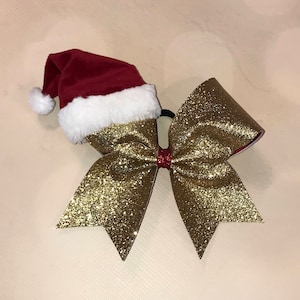 Santa Hat Christmas Cheer Bow / Gold Bow / Christmas Bow / Holiday Bow / Gold Cheer Bow / AMP&#39;t Active wear
