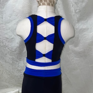 The &quot;Blå&quot; Blue Bow Racer Back sports bra, Spandex Shorts, and Optional Matching Cheer Scrunchie / Practice Wear /Cheer Bra / Girls Dancewear