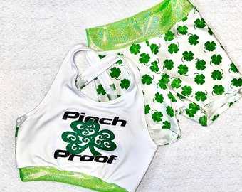 The "Pinch Proof" Sports Bra, Spandex Shorts, optional Matching Cheer Bow set / girls dancewear / St. Patricks Day