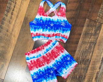 The "Marnie" XBack Red White and Blue TyeDye Print Sports Bra, Spandex Shorts, and optional Cheer sized Bow or Scrunchie / American Practice