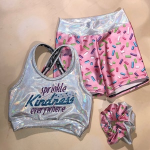 Sprinkle Kindness Sports Bra, spandex shorts, and optional matching scrunchie / girls dancewear / cheer outfit / practice wear