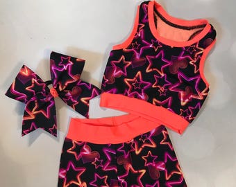 The "Maci" Neon Orange Mesh back Star sport bra crop top, spandex shorts with optional matching Cheer Bow set / Girls Dancewear / Practice