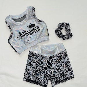 The &quot;Hallo-Queen&quot; Halloween Sports Bra, Holographic Spider Web Shorts Cheer Outfit / Girls Dancewear / Cheer Practice Crop Top