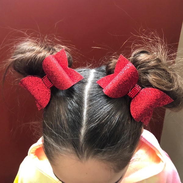 Rote Pigtail Bows / ein Set, zwei Schleifen / Dolly Bow / Mini Bow / Strass Center / Mini Bows / Bun Bows