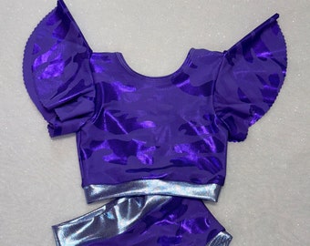 The "Mae" Purple Girls Flutter Sleeve V-Back Brief Dancewear / Pageant Wear / Stage Outfit / Dance Convention