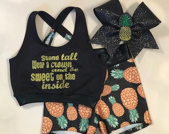 The "Pineapple" Sports Bra Crop Top, Spandex Shorts, optional Matching Crown Cheer Bow / gymnastics shorts / fruit print / Girls Dancewear