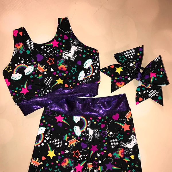 The "Emma" Girls Dancewear Unicorn crop top sport bra, spandex shorts with optional matching Cheer Bow set / unicorn shorts / rainbow