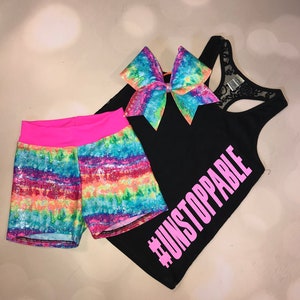 The &quot;Unstoppable&quot; Lace Back tank, Sports Bra, Spandex Shorts, and optional matching cheer bow / Girls Dancewear / Cheer Sports Bra