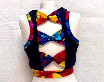 Ready to Ship Girls Small Tropical Flower Bow Back sports bra and matching Spandex Shorts / Practice Wear / Cheer Bra / Girls Dancewear