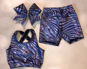 The"Wild" Fringe tank, Holographic Purple Zebra Sports Bra, Spandex Shorts, and optional matching cheer bow