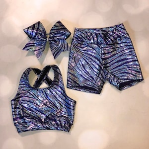 The"Wild" Fringe tank, Holographic Purple Zebra Sports Bra, Spandex Shorts, and optional matching cheer bow