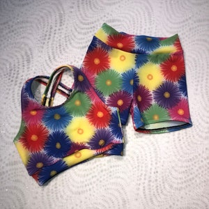 The &quot;Daizy&quot; Rainbow Flower Print XBack Sports Bra, Spandex Shorts, and option Cheer Bow or Scrunchie / Girls Dancewear / Practice Outfit