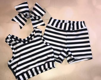 The &quot;Sarah&quot; Girls Dancewear Glitter Back Crop Top sports bra, Spandex Shorts, and optional Matching Cheer Bow / Cheer Shorts