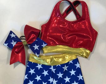 The "Super Hero" Sports Bra, Star Shorts, and optional matching Cheer Bow / Girls Dancewear / Practice Outfit / Star Cheer Bow