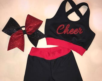 The "Lynsey" Girls Dancewear sports bra, shorts, and optional matching cheer bow customizable personalized matching cheer set dance outfit